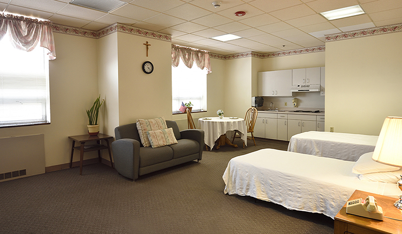 A wide shot of a patient's bedroom